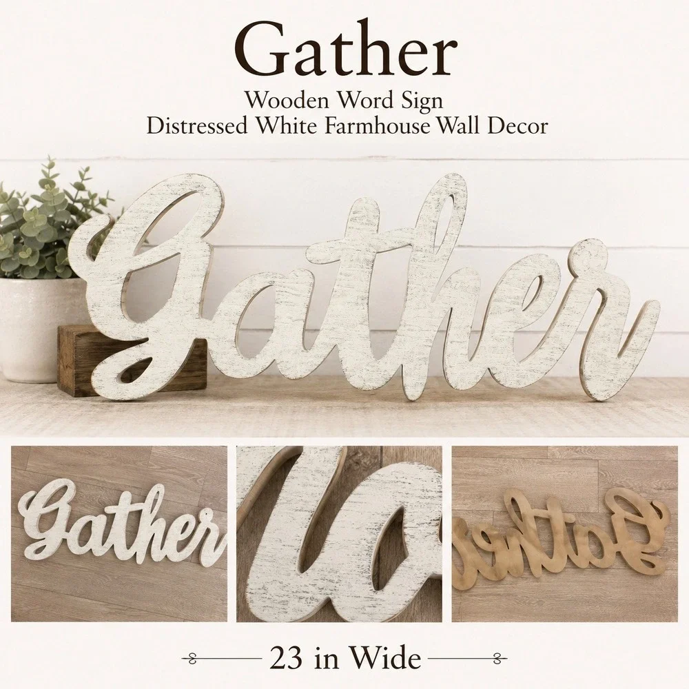Gather Wooden Word Sign Distress White Farmhouse Wall Decor Rustic Cursive 23in